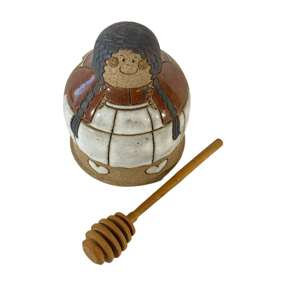 Vintage Krista Hahne Stoneware Honey Sugar Candy Jar 1986 + Wood Honey Dipper